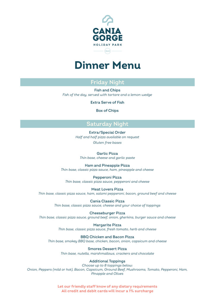 Cania Gorge Dinner Menu 27.08.2025